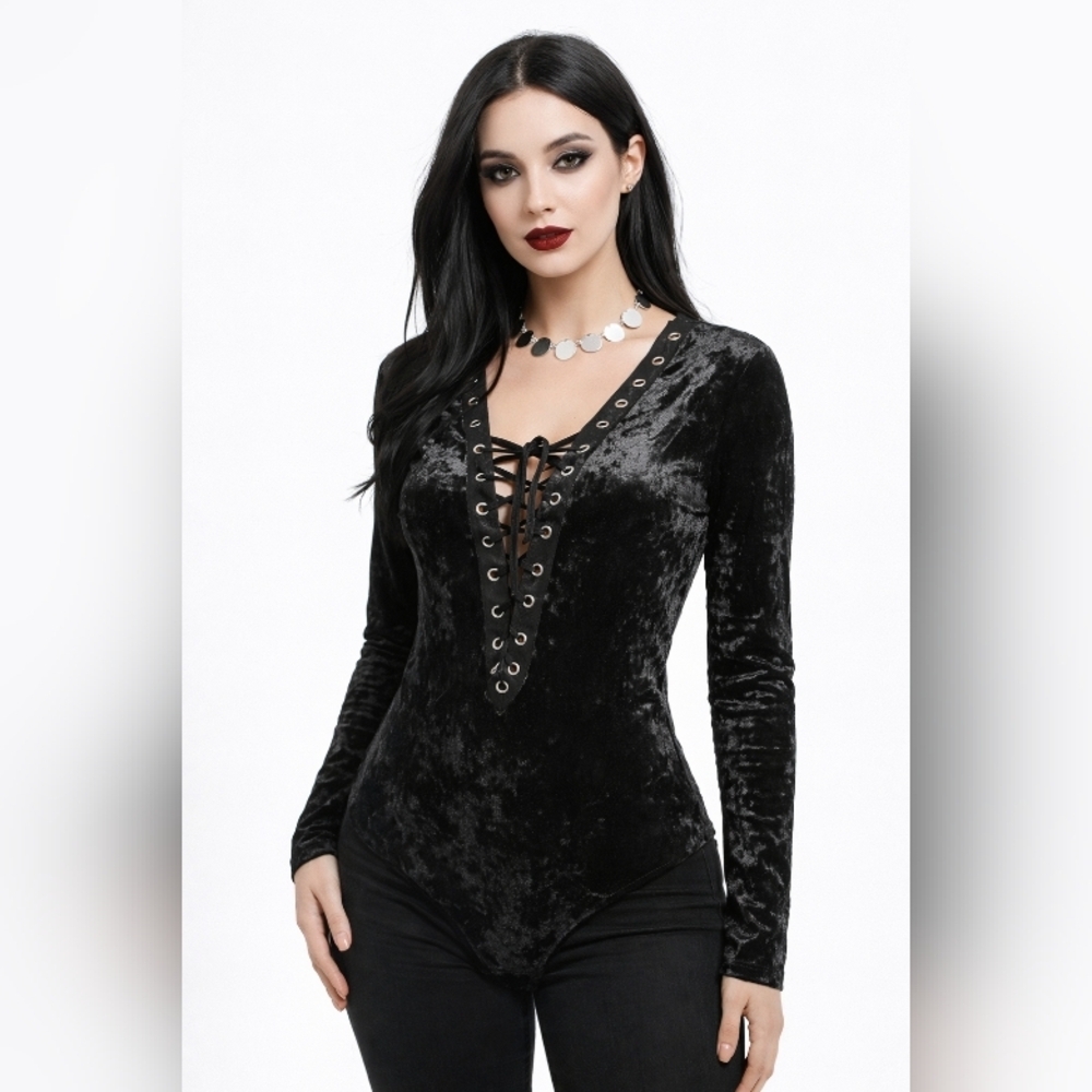 Windsor Corset Velvet Bodysuut Black Long Sleeve Velvet Burnout Size Small